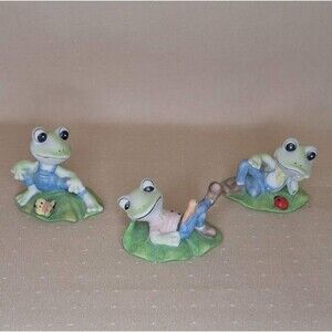 FROGS CHILLIN' ON LILLY PAD Porcelain HOMCO Frog Figurines (All 3)